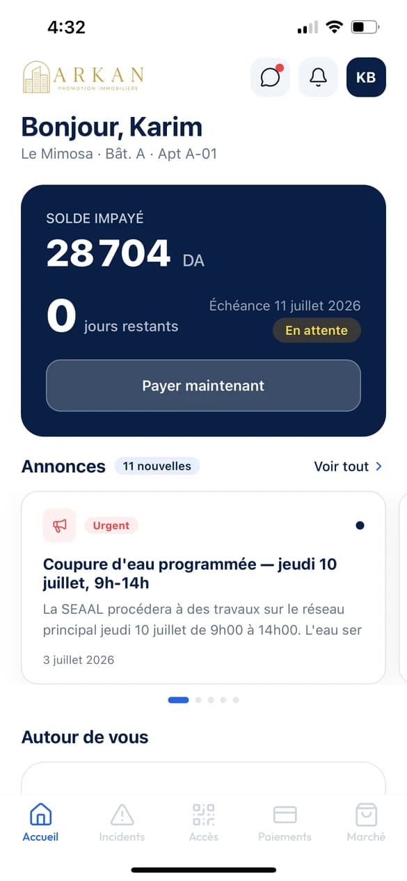 Écran d'accueil copropriété : solde de charges et annonces de la résidence