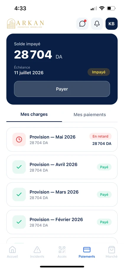 Charges du lot dans l'application résident : provisions payées, solde impayé et bouton Payer
