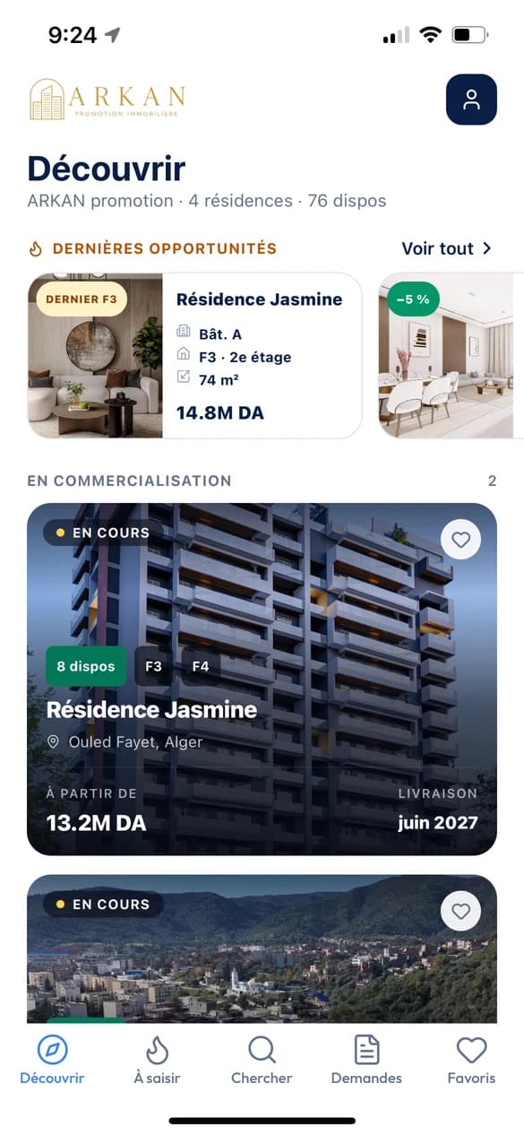 Écran d'accueil Découvrir : les projets du promoteur, avant l'achat