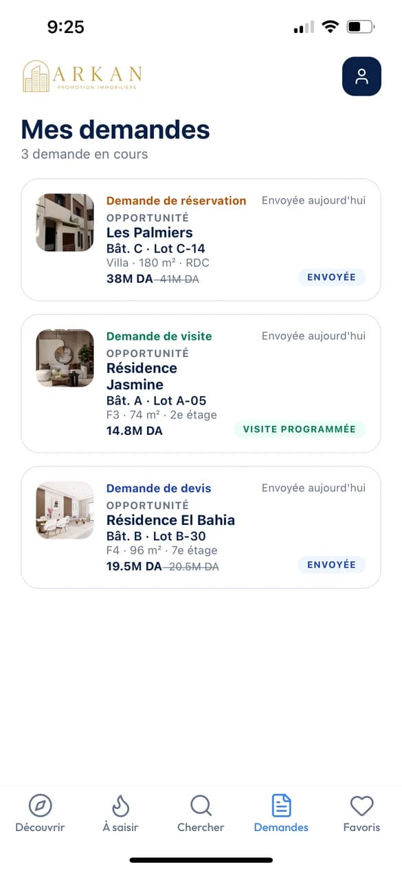 Liste des demandes reçues : réservation, visite et devis, avec leur statut