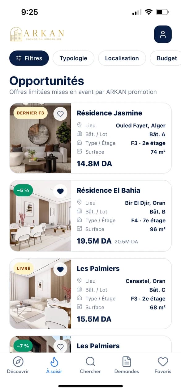 Écran des opportunités : lots mis en avant avec prix barré dans l'application avant-achat