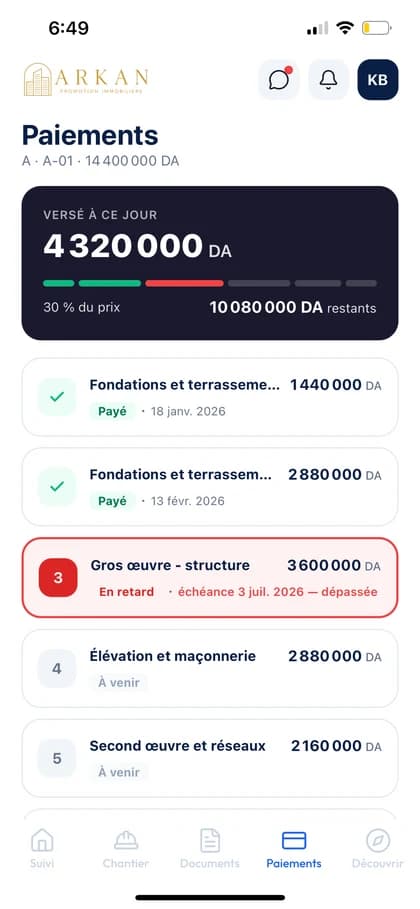 Échéancier de paiement du lot dans l'application de l'acquéreur : tranches payées, à venir et en retard